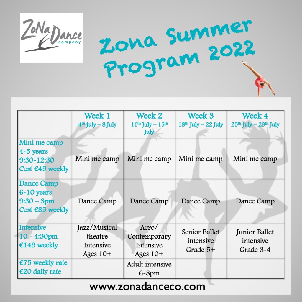 Summer camps at ZoNa Dance Company! Dance Camps and summer dance intensives with world renowned instructors. Ballet dance, Contemporary dance, Acro dance, Jazz dance, Musical theater in Letterkenny Donegal Ireland  